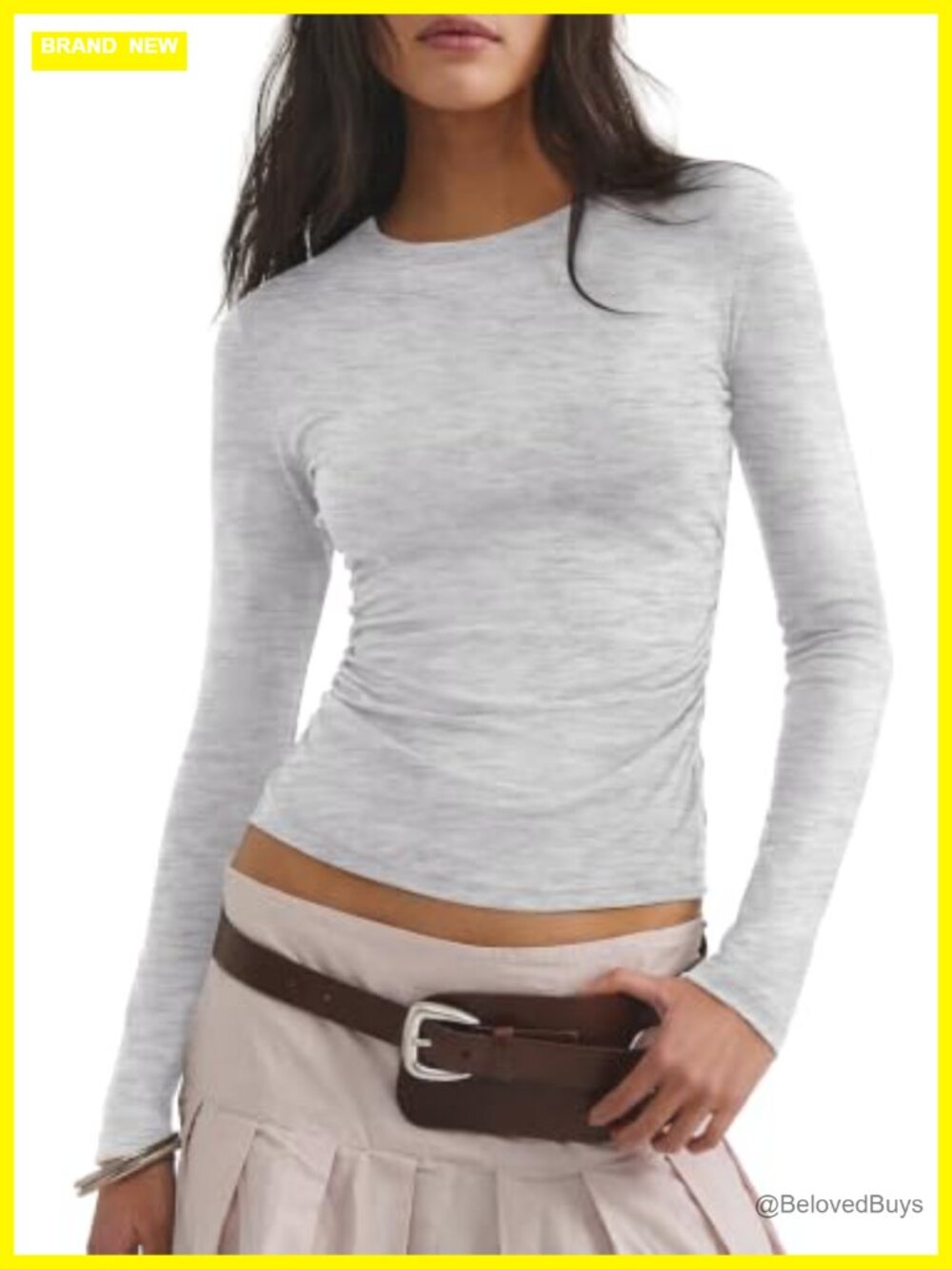 Women's Rayon Spandex Long Sleeve Crew Neck Ruched Slim Fit Basic Tee